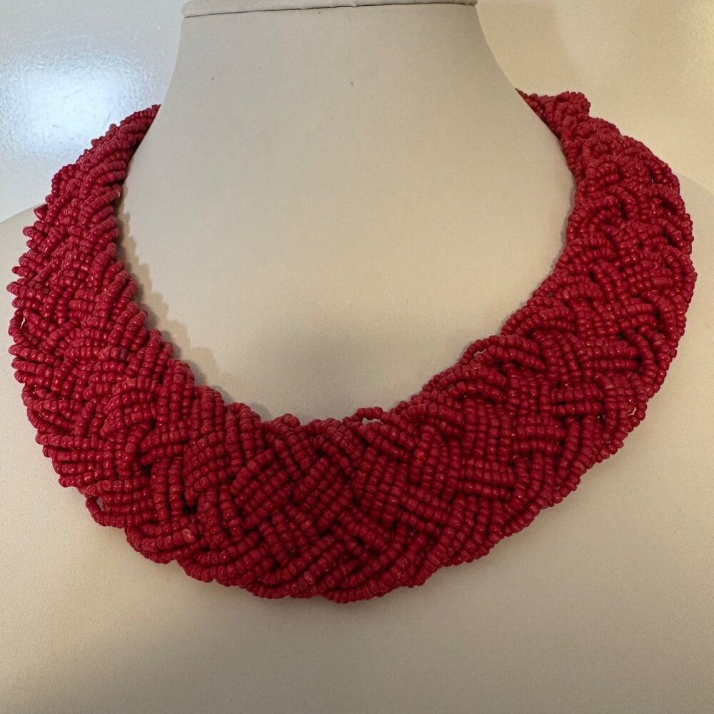Braided Red Seed Bead Statement Necklace Chunky Collar Vintahge Jewelry